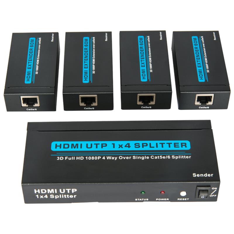最大60mの4つのレシーバーを備えた単一のCat5e \/ 6上の4ポートHDMI UTP 1x4スプリッター