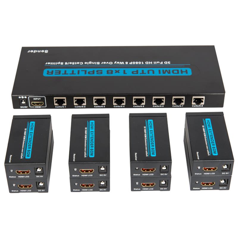 単一のCat5e \/ 6上の8ポートHDMI UTP 1x8スプリッター、最大60mの8個のレシーバー